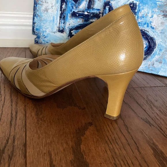 Linea Verde Sz 38 Italian Marigold Leather Snake Square Toe Heel Mesh Cut Outs - Picture 3 of 12